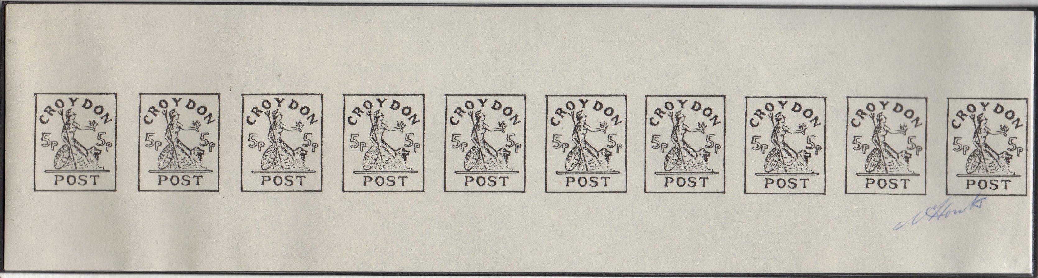 Croydon Gatwick Strike Post Stamps 1971 5p Britannia Proof sheet/10 IMPERFORATE